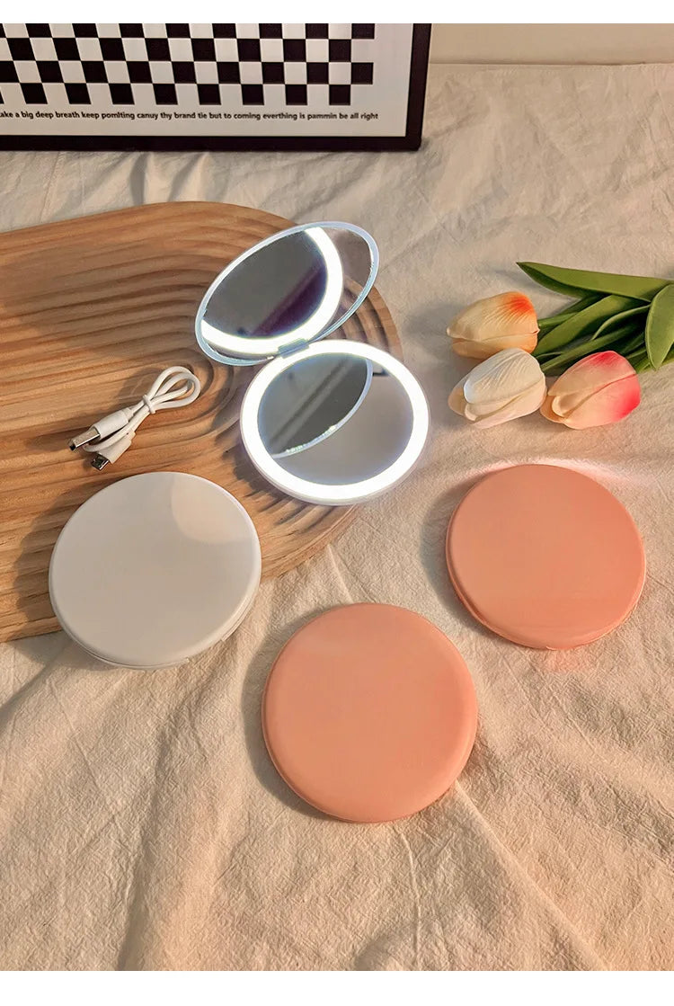 Portable LED Makeup Mirror — Pocket Mini Handheld Folding Lighted Round Mirror