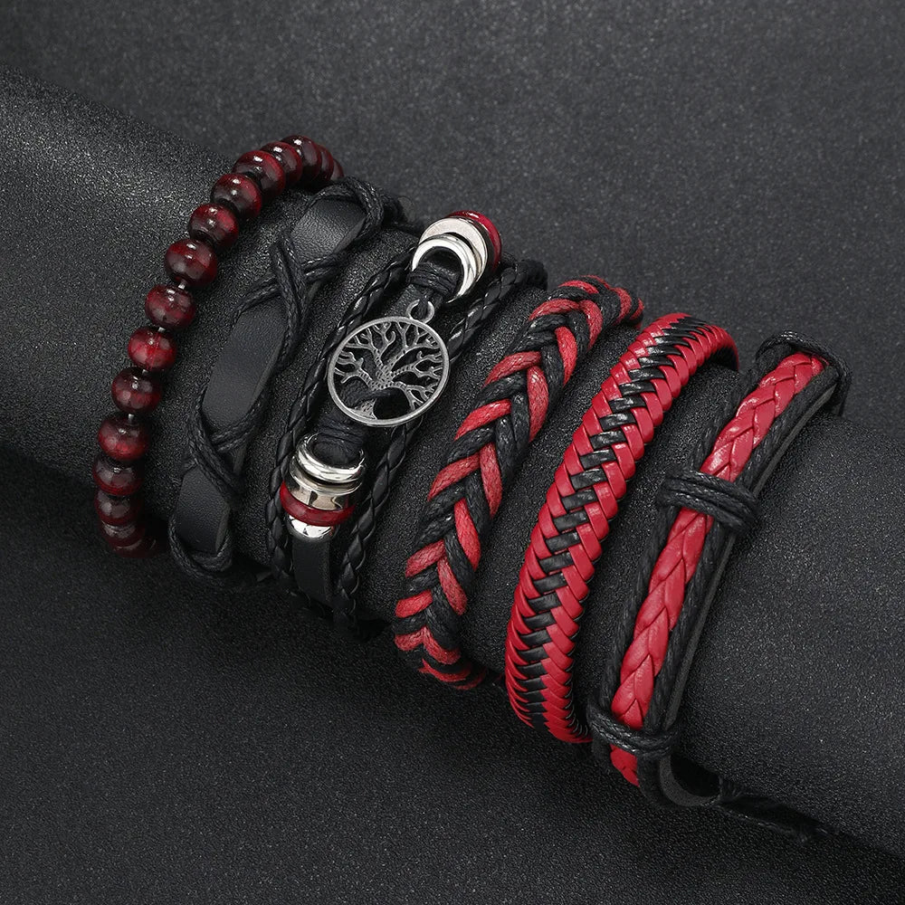 6-Pack Red & Black Handmade Wrap Leather Bracelets with Wood Beads - Adjustable Unisex Boho Bangle Set