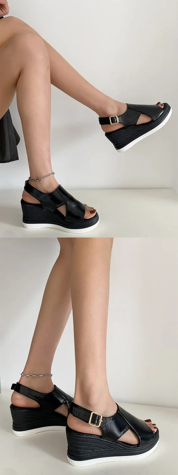 Women's Patent Leather Peep Toe Wedge Sandals – Buckle Strap Platform Heels (Gold, Silver, Black)