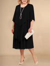 Plus Size Chiffon Midi Dress L-5XL — Irregular Layered Hem Flowy A-Line O-Neck Party & Wedding Guest Dress