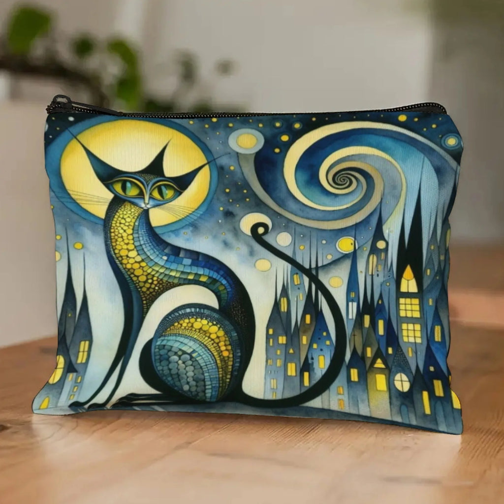 Retro Cat Art Makeup Bag – Women's Multifunctional Zipper Cosmetic Pouch & Jewelry Organizer