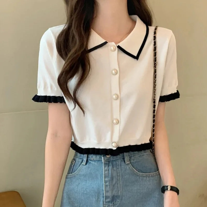 Korean Knit Turn-Down Collar Crop Blouse - Short Sleeve Slim Summer Top for Women
