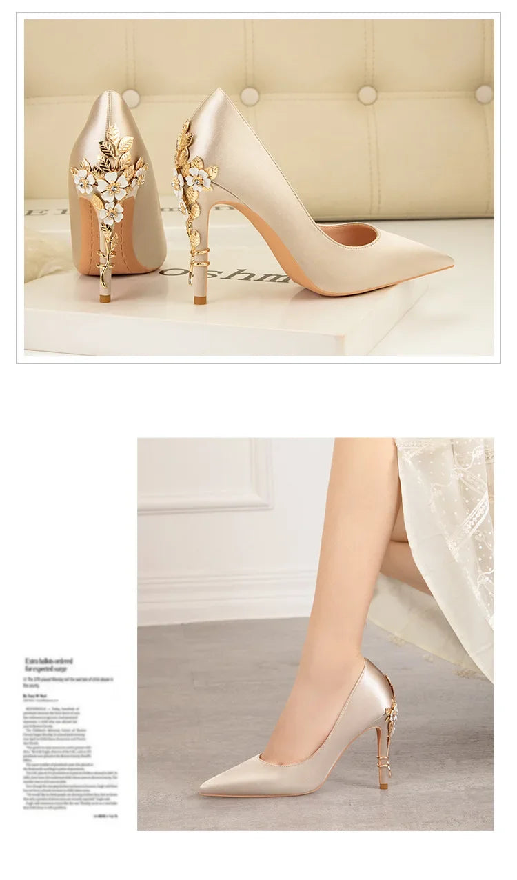 Women's Satin Pointed-Toe Stiletto Pumps with Metal Flower Detail — High Heel Wedding Shoes