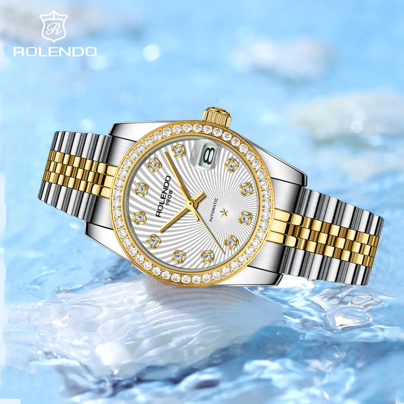 ROLENDO Classic 32mm Automatic Women’s Date Watch – Sapphire Crystal, Gold Diamond-Set, 300m Water Resistant, Butterfly Clasp