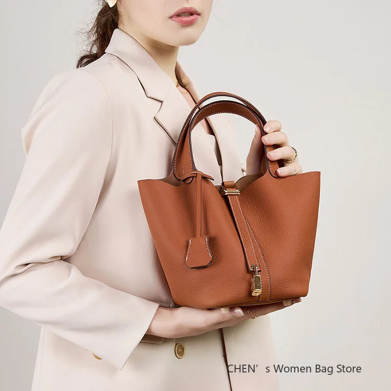 Genuine Leather Litchi-Texture Mini Bucket Shoulder Bag with Lock - Soft Tote Handbag for Women