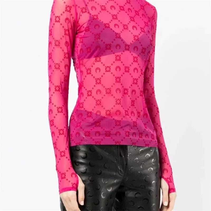 Women's Tulle Mesh Long Sleeve Sheer Blouse Moon Flocked Y2K Top