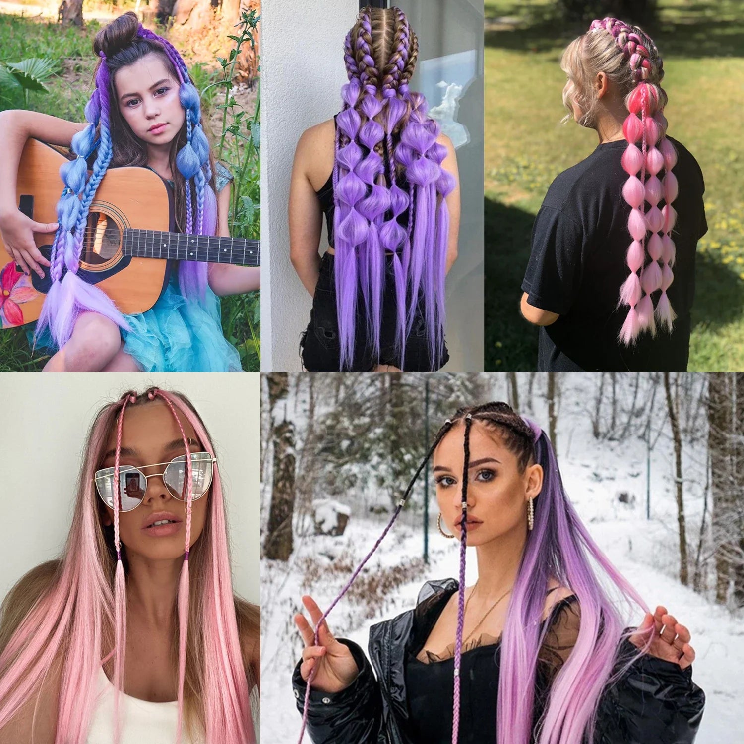 Braided Synthetic Ponytail Extension with Elastic Band – Long Kinky Straight High-Temp Hairpiece for Women & Girls (Pink Purple Blue)