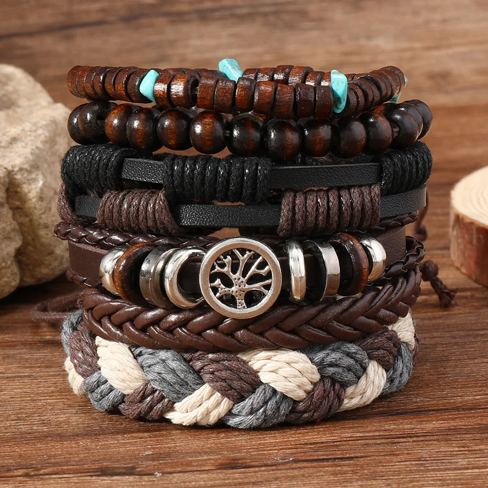 6-Pack Adjustable Leather Wrap Bracelets – Punk Beaded Tree Design, Unisex (17–24 cm / 6.7–9.4 in)