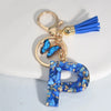 Blue Glazed Stone A to Z Initial Keychain with Butterfly Tassel – 55mm (2.17 in) Resin Alphabet Charm for Women, Car & Bag
