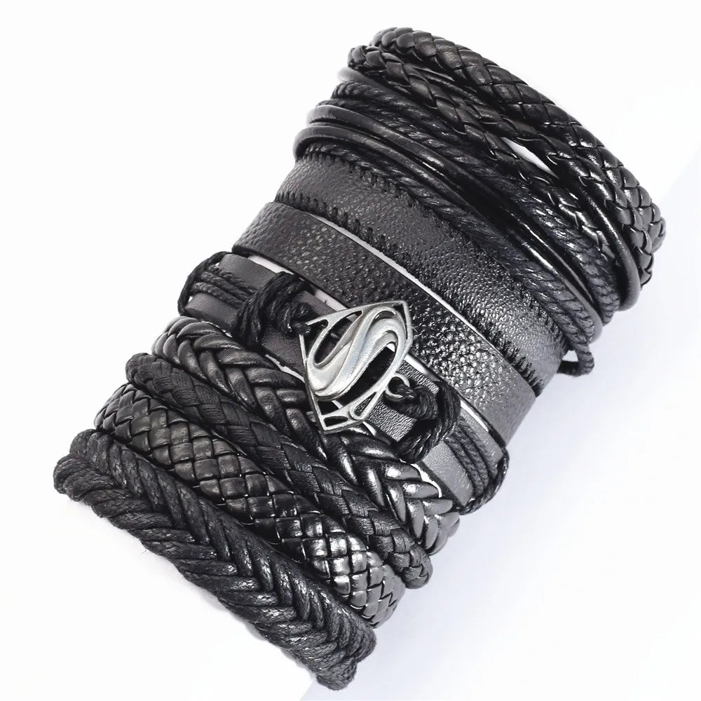 10-Pack Adjustable Black Woven Wrap Leather Bracelets – Handmade Unisex Rope Chain Lace-Up