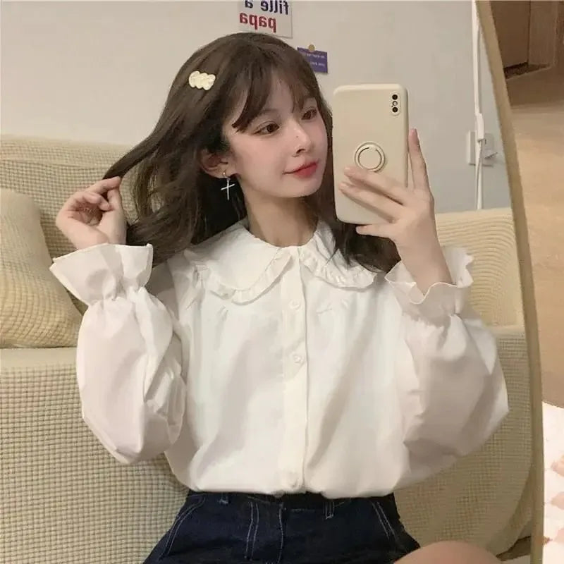 Vintage White Peter Pan Collar Blouse – Preppy Long Sleeve Chiffon Top for Women (Y2K Kawaii)