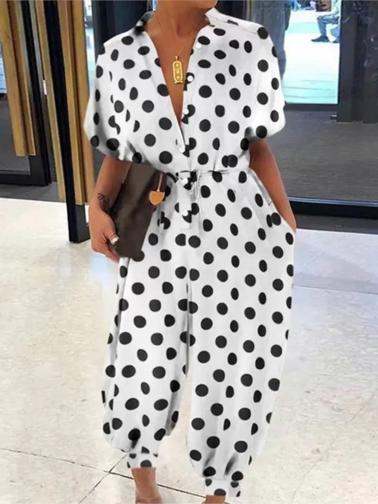 Women's Short Sleeve Lace-Up Dot Leopard Print Jumpsuit with Pockets, Casual Vintage Wide-Leg Ankle-Length