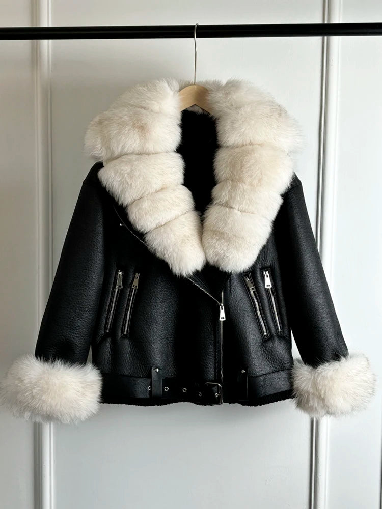 Women's Faux Leather Shearling Coat with Large Fox Fur Collar - Warm PU Moto Biker Jacket
