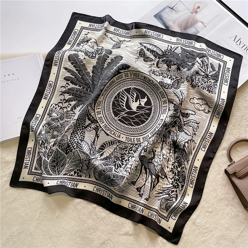 Luxury Satin Square Scarf 90 x 90 cm (35 x 35 in) – Polyester Twill Kerchief, Letter Print Sun-Protective Shawl for Women