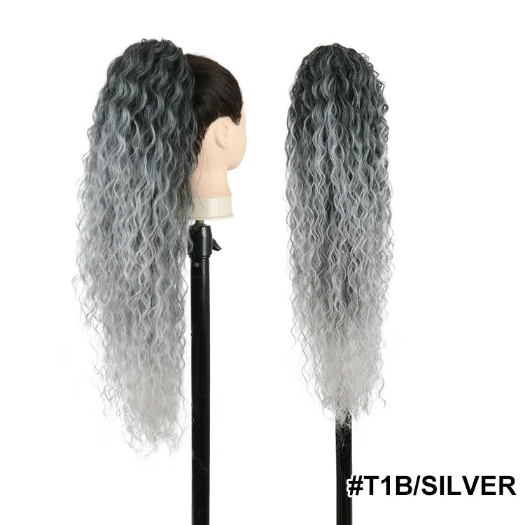 Long Ombre Blonde Synthetic Clip-In Braided Wavy Ponytail Hairpiece — Black to Brown Hair Extension