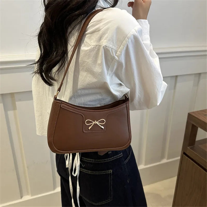 Women's PU Leather Baguette Shoulder Bag with Metal Bow – Crossbody Underarm Bag in Brown Black Beige