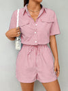 Women’s Blue & White Striped Short-Sleeve Jumpsuit Romper – Drawstring Waist, Office Casual Summer Shorts