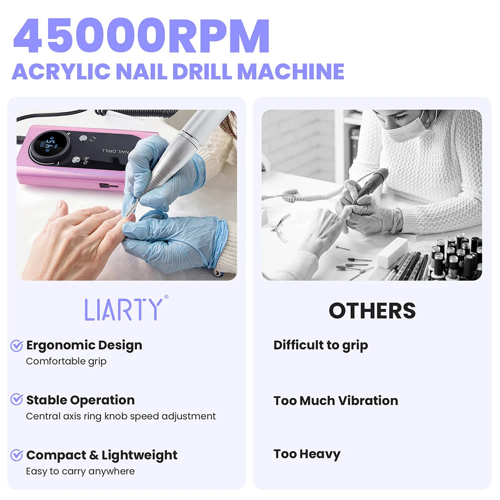 Rechargeable 45000RPM Portable Nail Drill Kit – Wireless Manicure & Pedicure Grinder with 6 Bits and 6 Sanding Bands