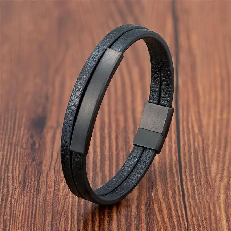 Men's Black Genuine Leather Double-Layer Braided Bracelet with Stainless Steel Accent – Sizes 18.5/20.5/22 cm (7.3/8.1/8.7 in)