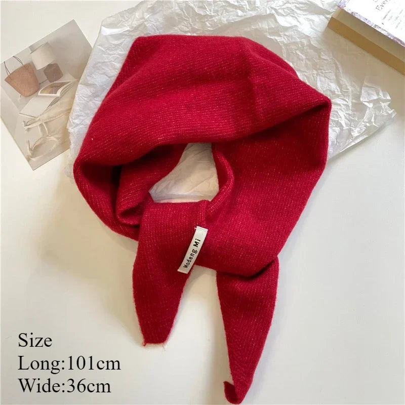 Women’s Korean-Style Triangle Knit Wool-Blend Scarf Shawl, Warm Winter Neck Wrap — 80–120 cm (31–47 in)