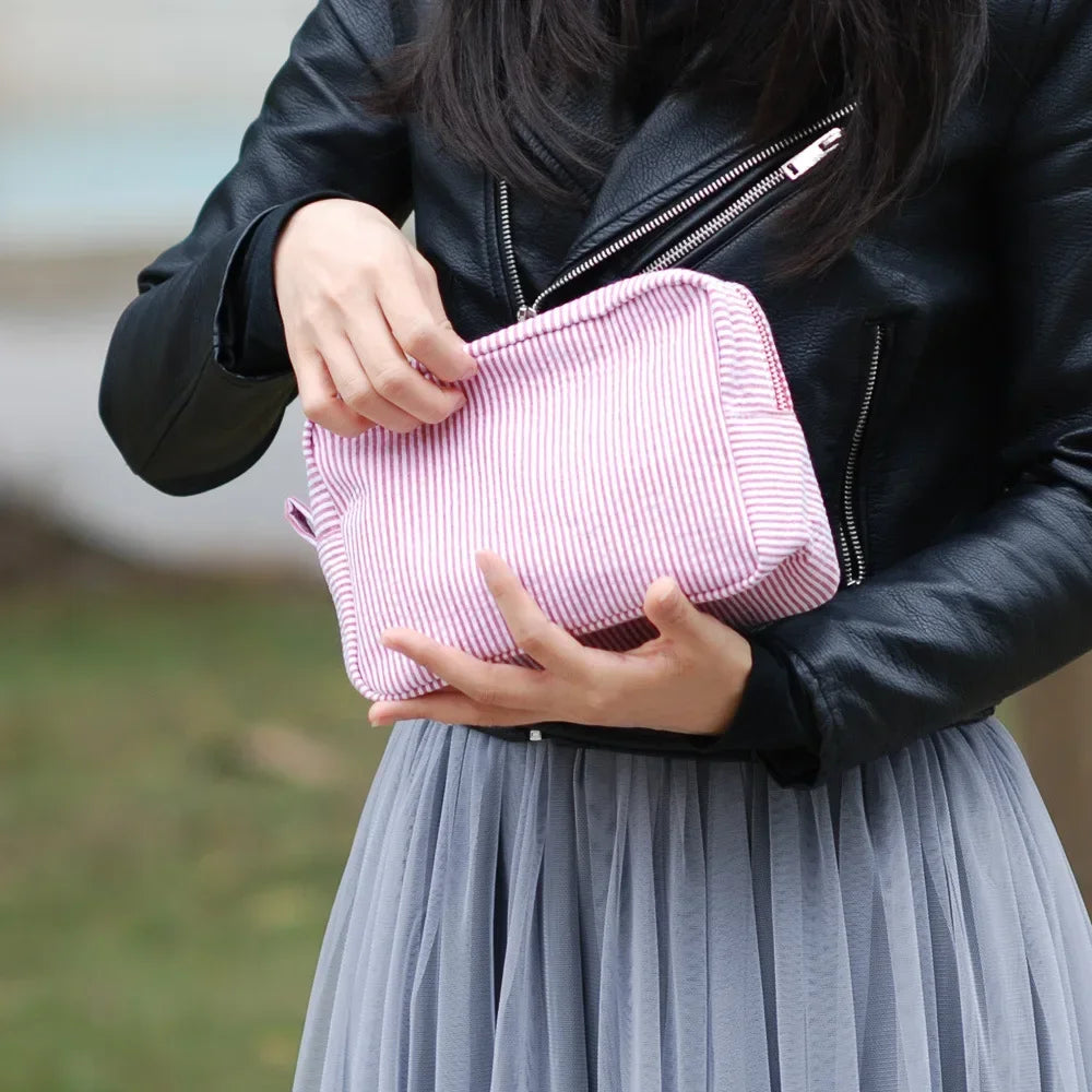 Seersucker Ruffle Makeup Bag — Pink & Purple Striped Zipper Pouch for Travel & Toiletries