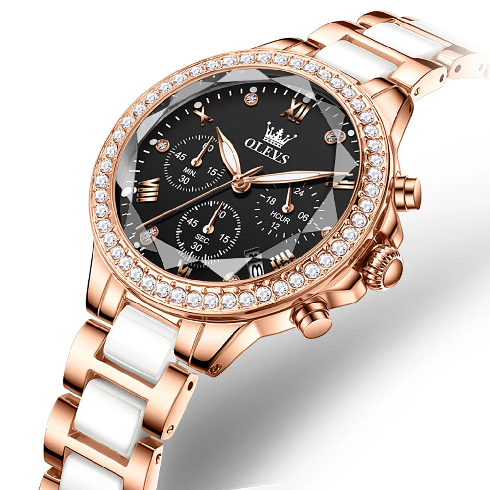 OLEVS Women's Ceramic 35mm Quartz Chronograph Watch - Waterproof Luminous Date Elegant Dress Wristwatch
