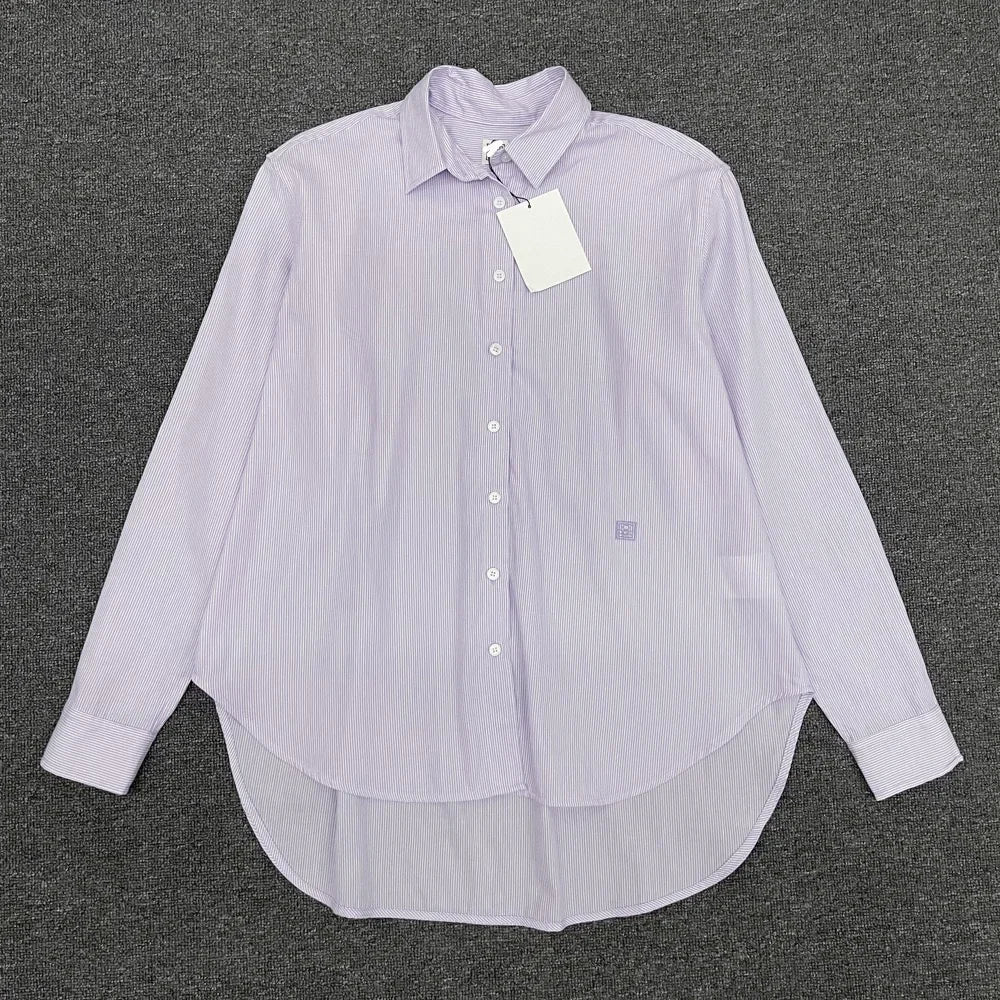 Women's Vertical Striped Shirt - Loose Long-Sleeve Button-Up Blouse with Asymmetric Hem, Office Commuter Style