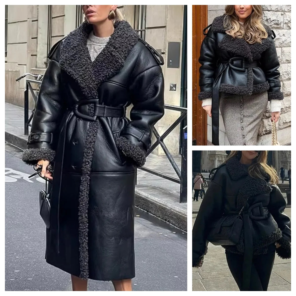 Women's Faux Fur Lined Faux Leather Long Coat – Lapel Belted Patchwork Winter Jacket