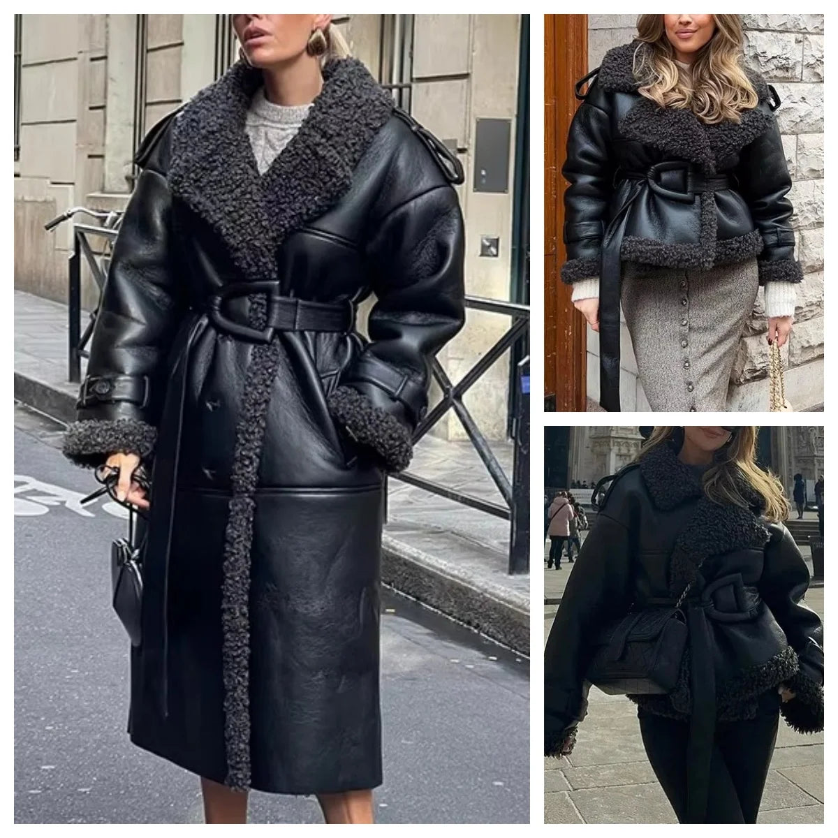 Women's Faux Fur Lined Faux Leather Long Coat – Lapel Belted Patchwork Winter Jacket