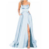 Navy Blue Halter Satin Bridesmaid Dress – Long Spaghetti Straps A-Line with Backless Criss-Cross, Side Slit & Pockets