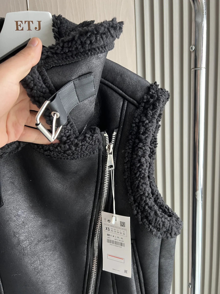 Women's Faux Leather Jacket with Teddy Fur Collar and Taffeta Lining - Warm Autumn/Winter Coat