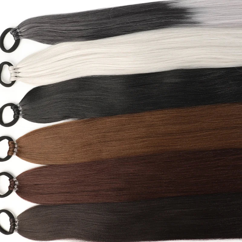 28-Inch (71 cm) Synthetic Ponytail Extension with Elastic Band - Braided Wraparound Hairpiece, Silky Straight Heat-Resistant Fiber, Black/Brown