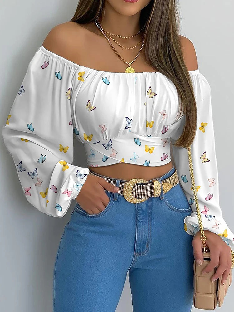 Women's Off Shoulder Bow Chiffon Lantern Sleeve Cropped Slim Printed Blouse