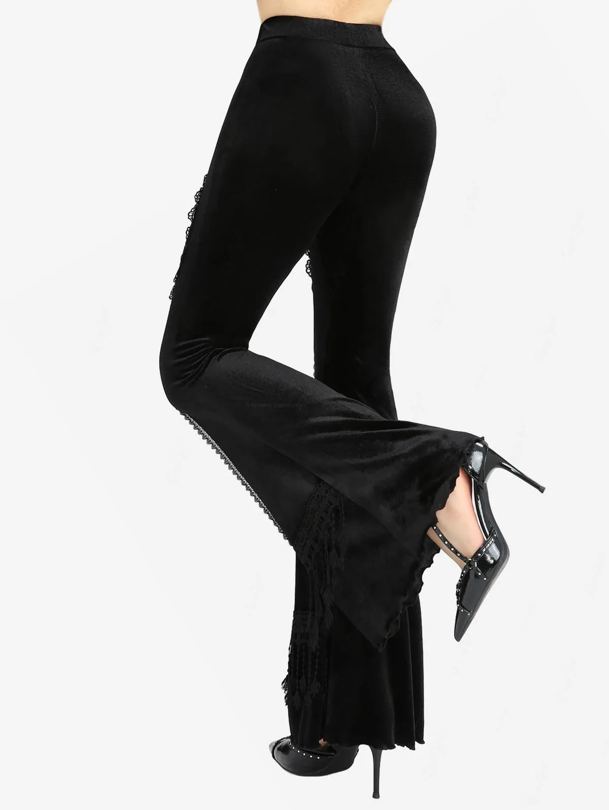 ROSE GAL Plus Size Gothic Mesh Rose Lace Applique Flare Pants — High-Waist Velvet Tassel Patchwork