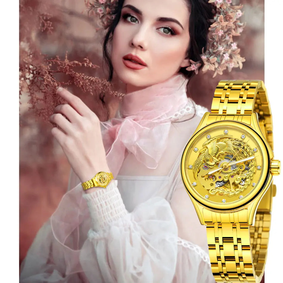 Golden Phoenix Skeleton Dial Automatic Women's Watch Stainless Steel Waterproof Luxury