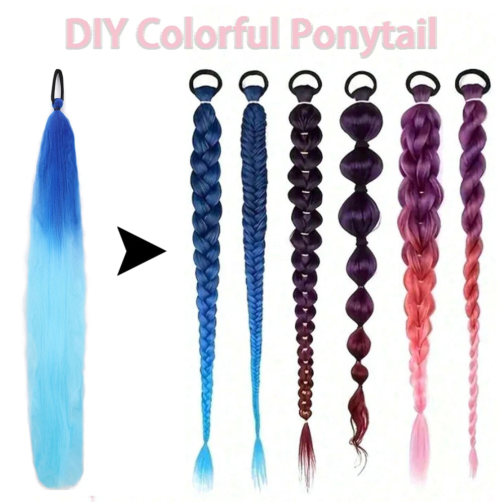 Colorful Synthetic Ponytail Extensions 2-Pack – Long Straight Braided Hairpiece with Elastic Band | High-Temp Fiber