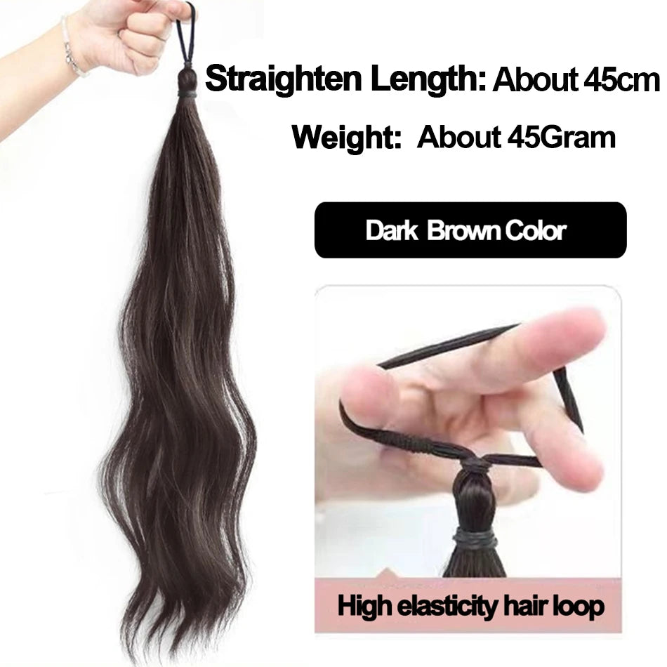 Long Wavy Synthetic Ponytail Extension 40cm (≈16 in) - Self-Winding Braided Wrap with Elastic Band
