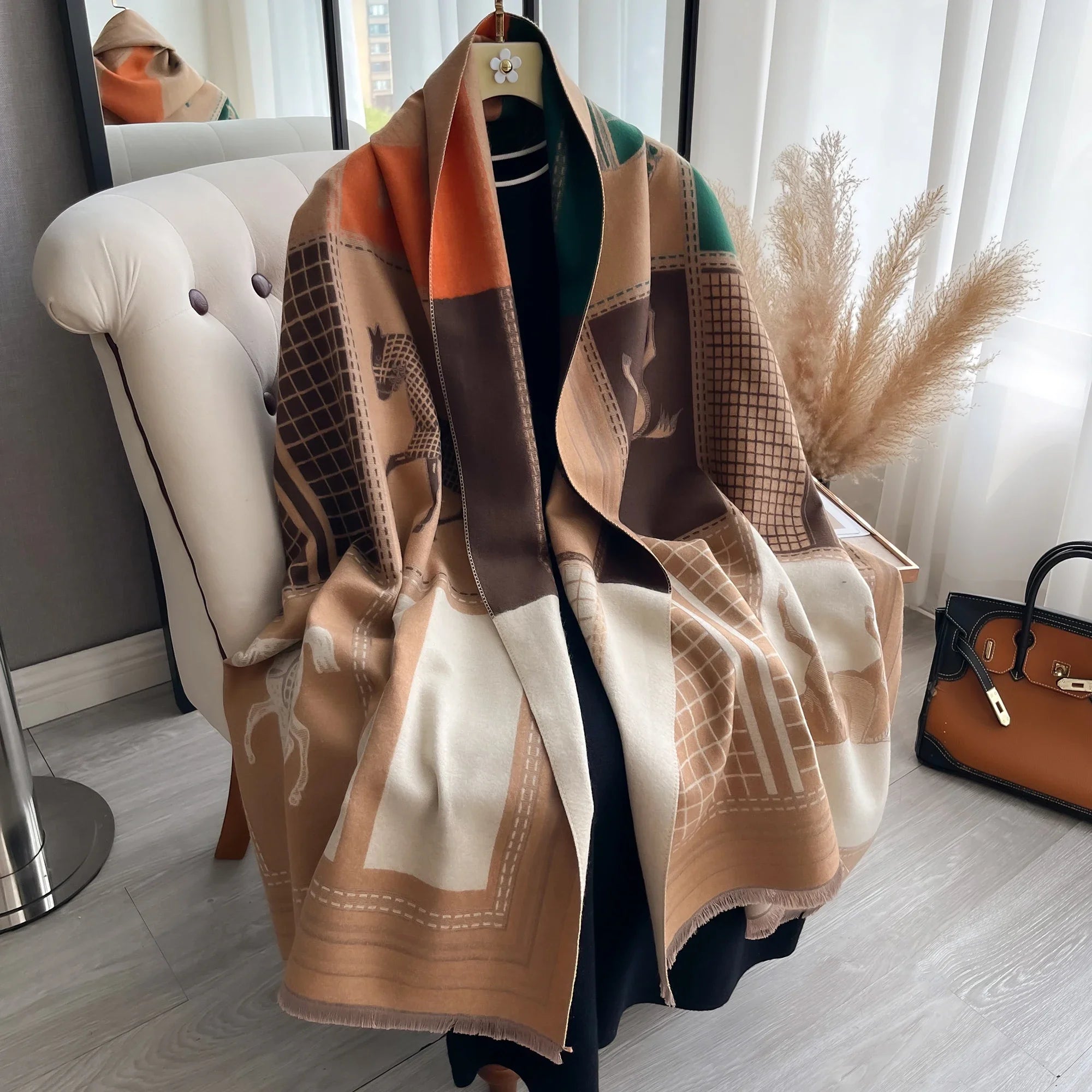 Luxury Winter Cashmere Scarf Women Horse Print Warm Pashmina Blanket Poncho Scarves Female Shawl Wraps Thick Foulard Bufanda