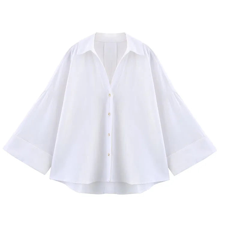 HipSeam Women's Linen-Blend Wide-Sleeve Blouse Asymmetric Hem Button-Front Johnny Collar