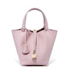 Genuine Leather Litchi-Texture Mini Bucket Shoulder Bag with Lock - Soft Tote Handbag for Women