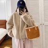 Women's Stand Collar Faux Fur Patchwork Jacket, Short Leather-Style Outerwear, Long Sleeve Autumn Winter Coat