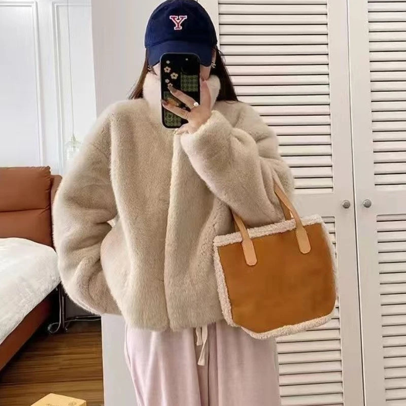 Women's Stand Collar Faux Fur Patchwork Jacket, Short Leather-Style Outerwear, Long Sleeve Autumn Winter Coat