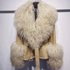 YOLOAgain Women's Genuine Sheepskin Leather Jacket with Real Fox Fur Detachable Collar & Sleeves - Belted Pockets, Autumn/Winter