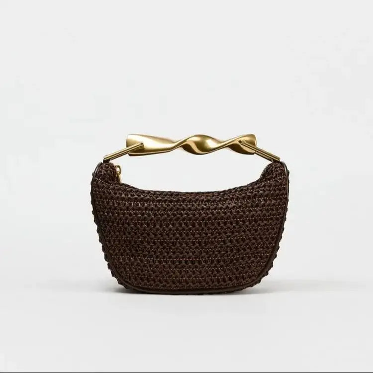 Half-Moon Woven Straw Shoulder Bag – Women's Beach Crossbody Tote with Zipper & Chain Accent