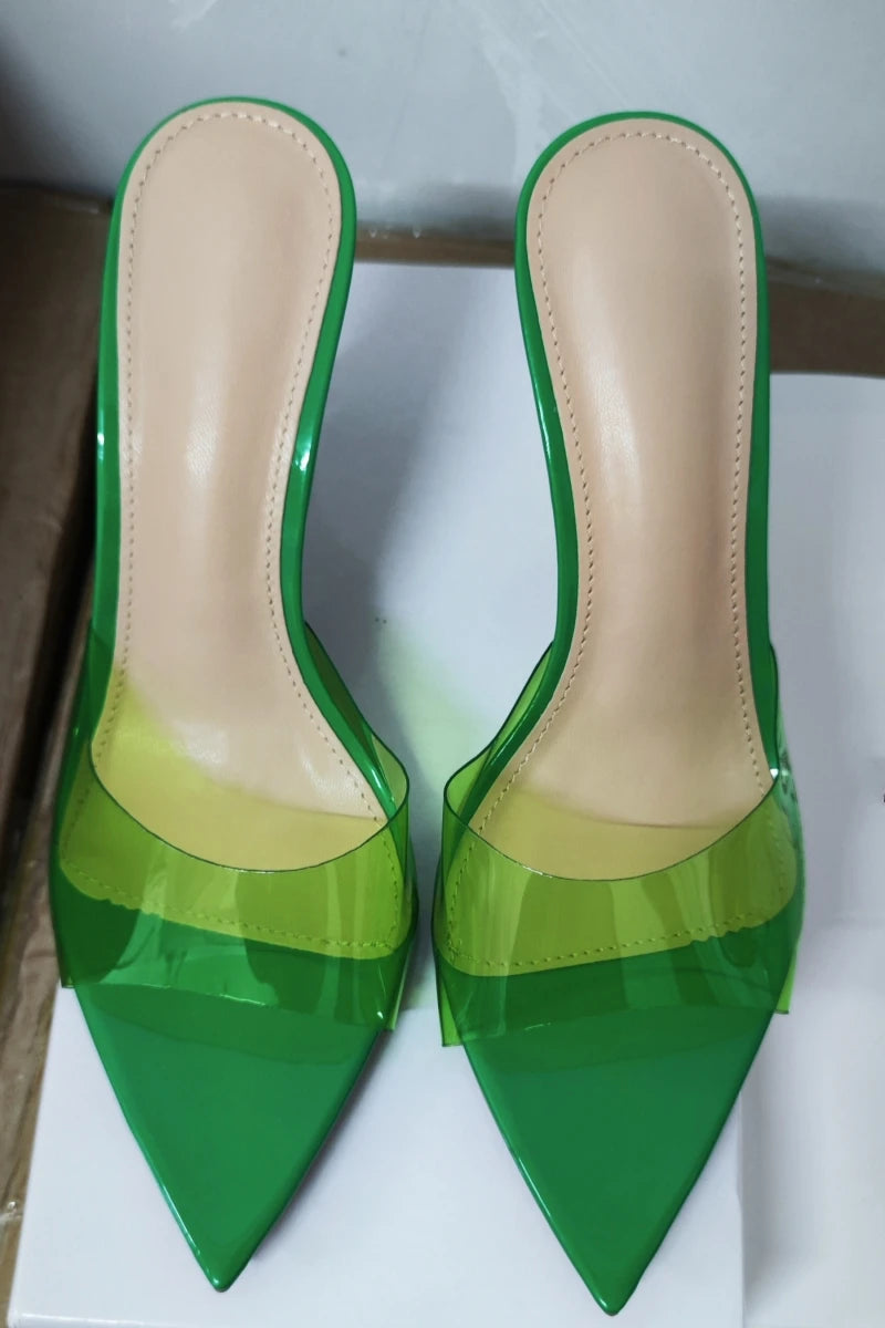 Transparent Pointed Stiletto Mules - Women's Clear High Heel Slip-On Sandals, 3.1 in (8 cm)