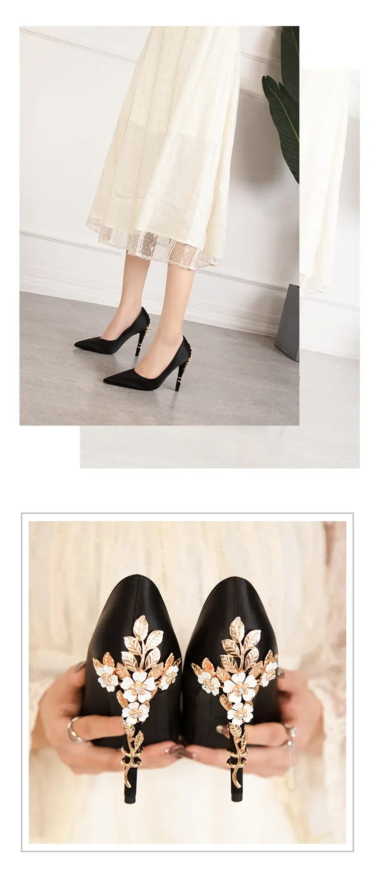 Women's Satin Pointed-Toe Stiletto Pumps with Metal Flower Detail — High Heel Wedding Shoes