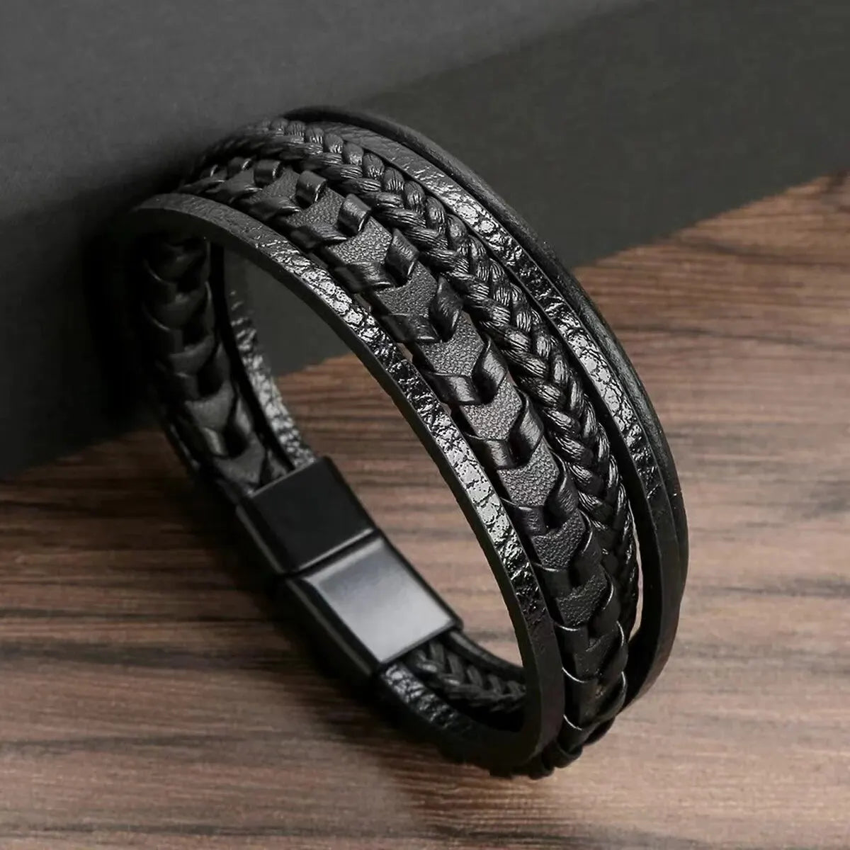 Men's Multi-Layer Leather Braided Bracelet with Alloy Magnetic Clasp - Vintage Wrap Bracelet 8.26 in (21 cm)