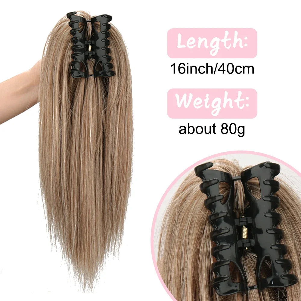 Clip-In 16-Inch (40 cm) Straight Claw Clip Ponytail Hair Extension Heat-Resistant Synthetic Blonde/Brown
