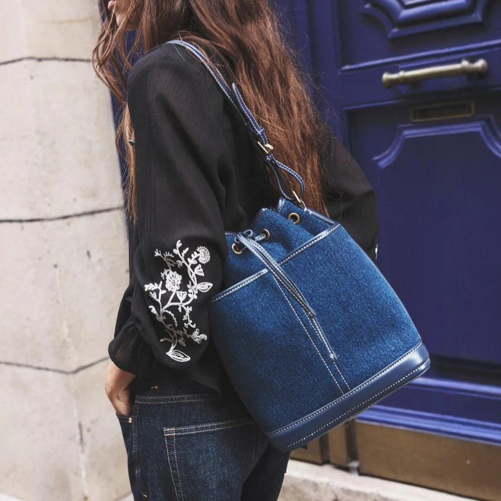 Denim Canvas Bucket Bag for Women – Drawstring Shoulder Handbag, Soft Fashion Tote