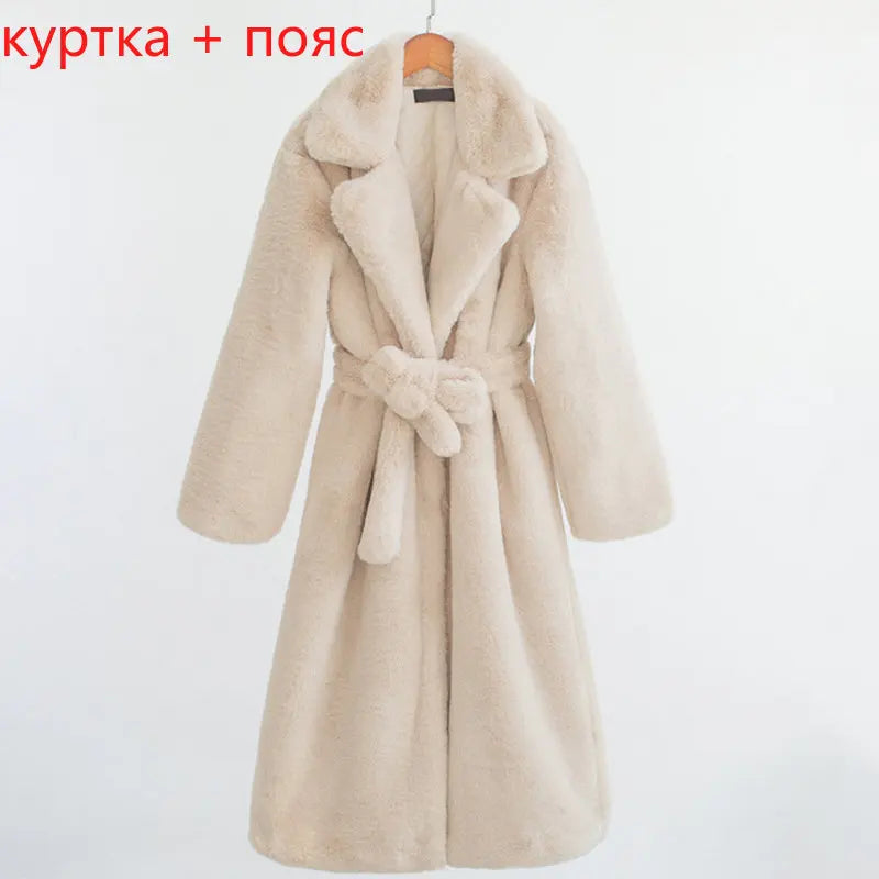 Women's Faux Leather Long Coat with Soft Mink Fur Trim & Pockets - Casual Street Style Winter Outwear